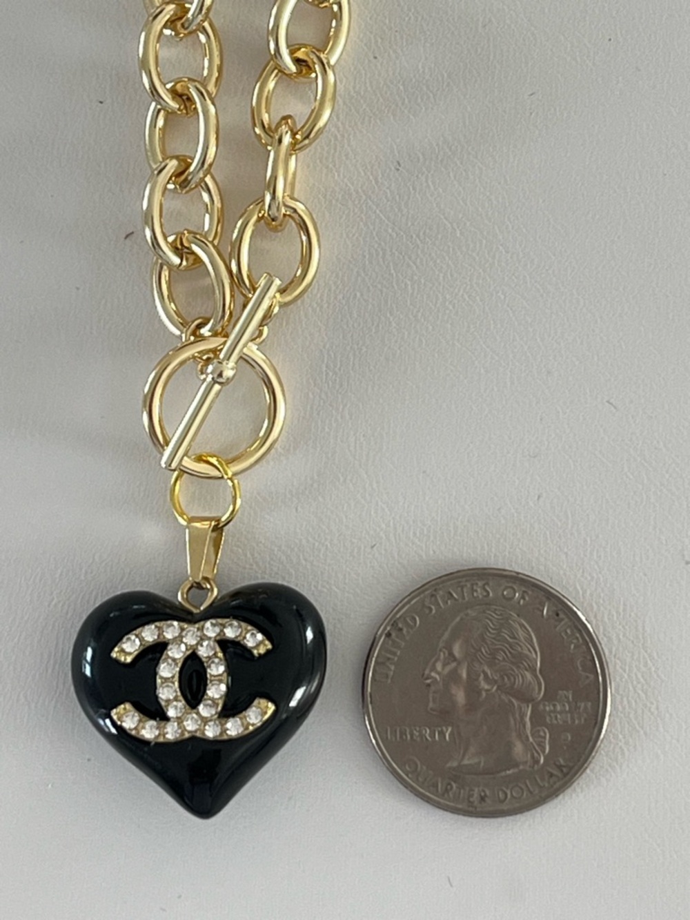 Upcycled Authentic Stamped A25V Chanel Crystal CC Heart Charm on 14K GP Necklace - Picture 4 of 10